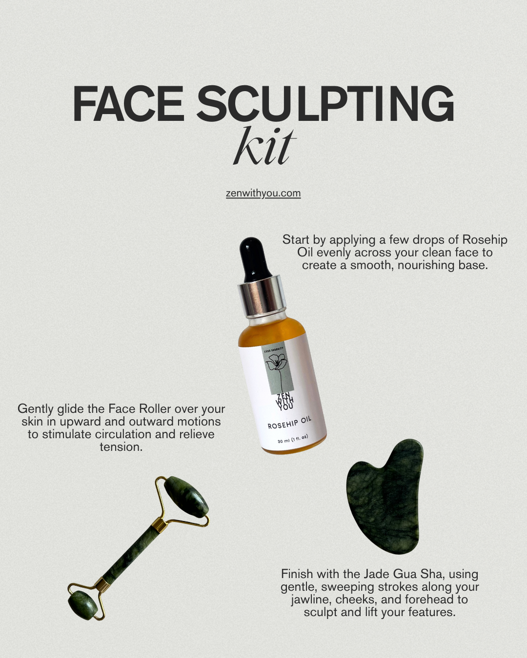 Face Sculpting Kit – Jade Roller, Gua Sha, Rosehip Oil for Radiant Skin